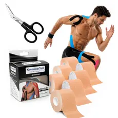 Kit 4 Fita Kinesio Tape 5cm x 5m + Tesoura - 100% Algodão - Impermeável - Alívio de Dor - Atletas e Fisioterapia