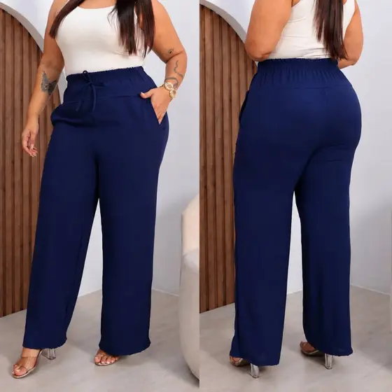 Calça pantalona Feminina Plus Size - Tecido Duna com Elástico na Cintura e Bolsos