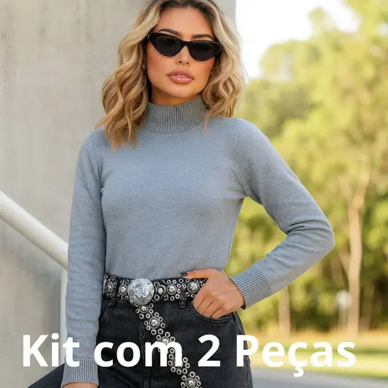 Kit 2 Blusas Femininas de Tricot Premium  | Gola Semi-Alta Cacharrel com Elastano  |  Rs Malhas