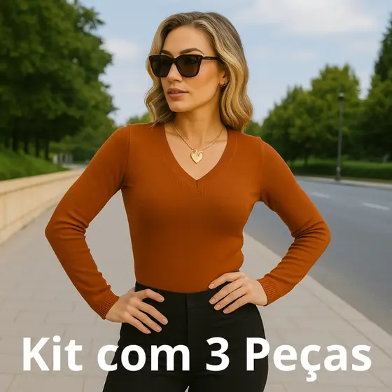 Kit 3 Peças | Blusa Tricot Feminina Manga Longa Decote Vê Frio Básica Lisa Suéter Elastano RS Malhas