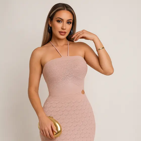Vestido Longo Feminino Tricot Modal Premium Rendado | Texturizado, Sem Mangas e Elegante | RS Malhas