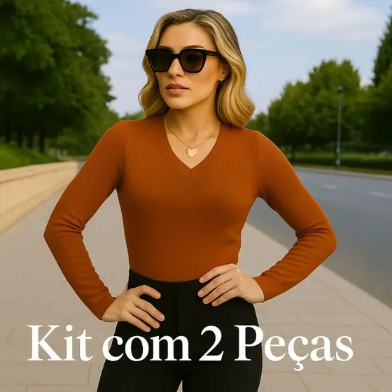 Kit 2 Peças | Blusa Tricot Feminina Manga Longa Decote V Frio Básica Lisa Suéter Elastano |RS Malhas