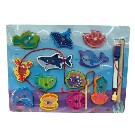Brinquedo Infantil 2 em 1 Pesca com Imã Magnético e Lousa Mágica para Crianças - Em Madeira 30CM