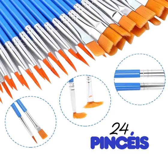 Kit 24 Pincéis Pintura Artesanato Ponta Chato E Fina