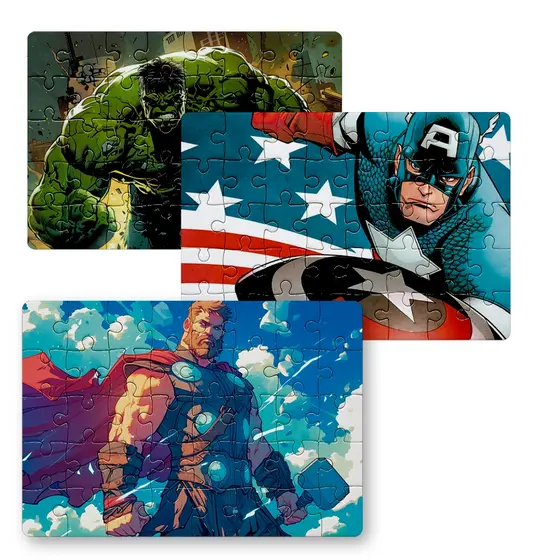KIT 3 Peças Quebra Cabeça Trio Vingadores marvel, Hulk, Thor, Capitão américa | 24, 40 e 70pçs