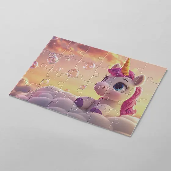 Quebra Cabeça Unicórnio fofinho, céu, nuvens, arco-iris | 24, 40 e 70pçs | Sublime Fantasia