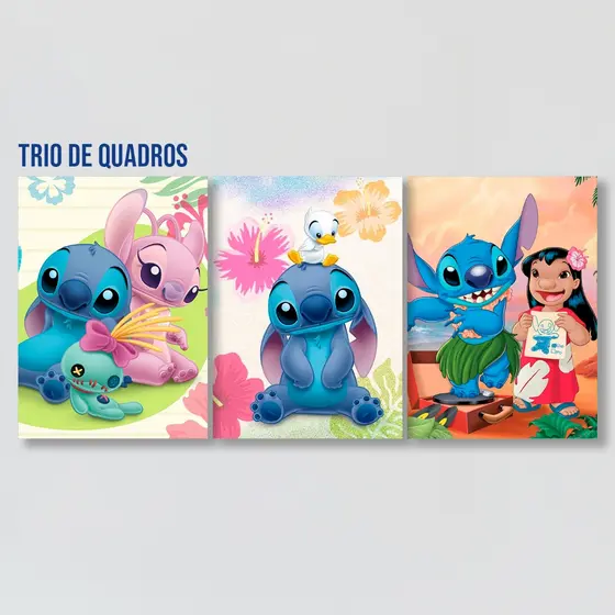 Trio de quadros Lillo e Stitch, havaiana | MDF | Sublime Fantasia