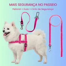Kit Peitoral + Guia + Cinto Segurança Para Cachorro Carro