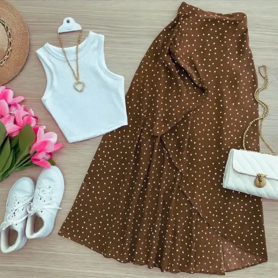 Saia Envelope Feminina Transpassada Com Forro Não Transparente Moda Elegante