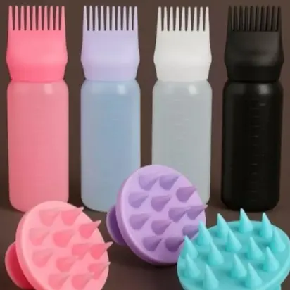 Kit Pente Frasco Aplicador De Tinta De Cabelo Com Pente De Dentes  + Massageador Capilar