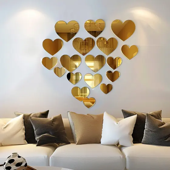 Kit 5 Corações Decorativos Espelhados Dourados Prateados Rosé Acrilico - Espelho Coração de Parede