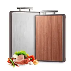 Tábua de Cortar Carne Dupla Face Aço Inox e Madeira Premium Antimofo com Alça para Cozinha