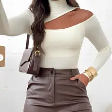 Body Gola Alta Manga Longa Decote Ombro Vazado Recorte Feminino Elegante Tecido Premium Tamanho Unico