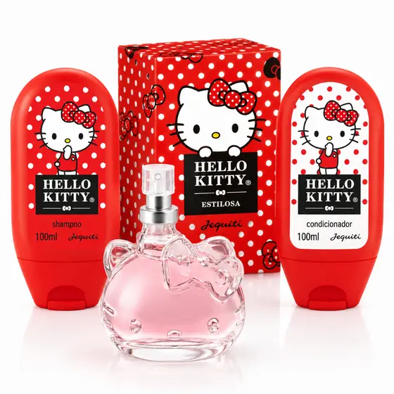 Kit Hello Kitty Estilosa Jequiti Original Exclusivo | Shampoo Condicionador + Perfume + Necessaire