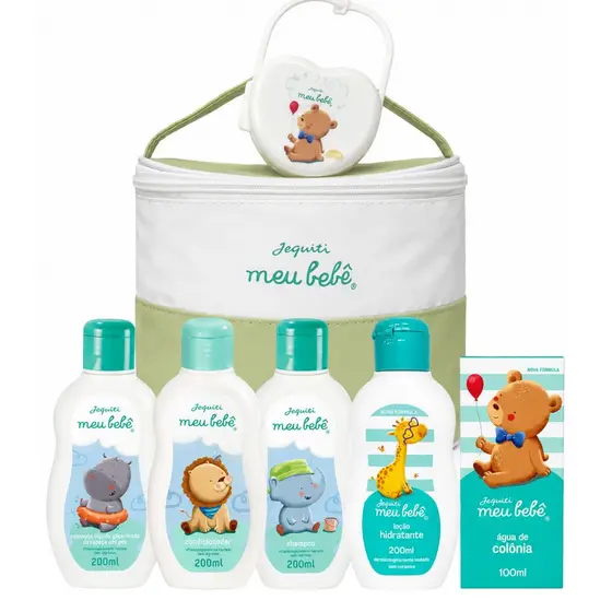 Kit Higiene Meu Bebê Jequiti 7 Itens Bolsa Organizadora Porta Chupeta Shampoo Condicionador Sabonete Líquido Loção Hidra
