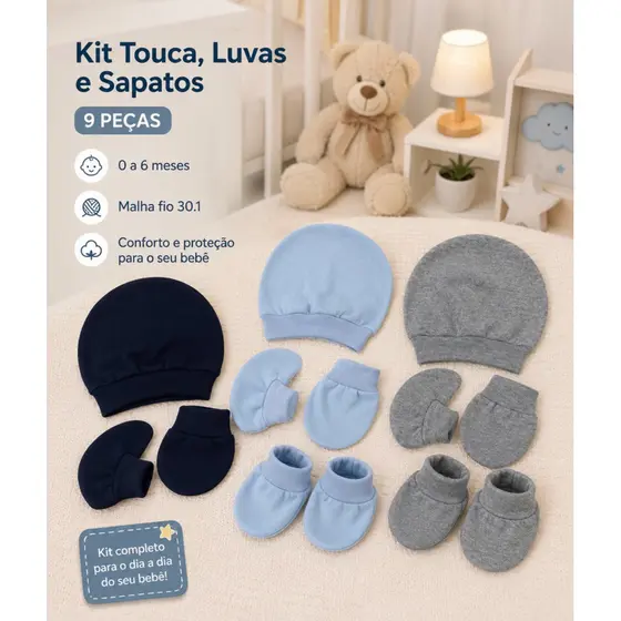 Kit Touca ,Luvas e Sapatos Para Bebê Recém Nascido Temos 2 Opções Kit 3 e 9 Peças Malha Hipoalergênico  100% algodão.