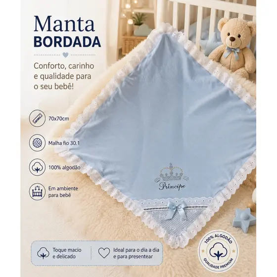 Manta de Bebê Bordada 70x70 tecido hipoalergênico 100% algodão.