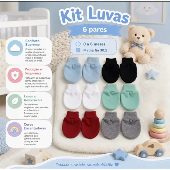 Kit Luvas para Bebê Recém Nascido Temos 2 Opções Kit 3 e 6 Pecas Malha Hipoalergênico 100% Algodão.