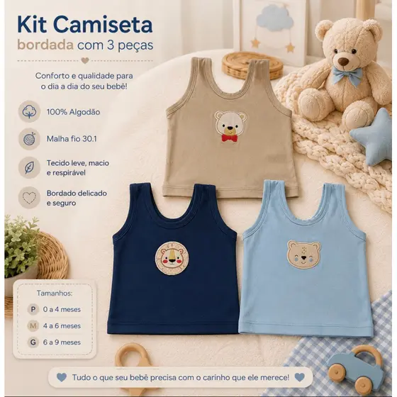 Kit Camiseta Bordada P, M e G Menino e Menina 3 Peças Para Bebê Malha Hipoalergênico 100% Algodão.