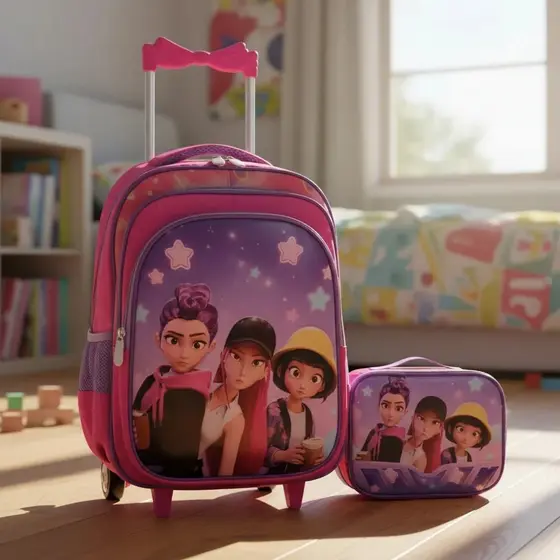 KIT MOCHILA de carrinho inspiração HUN TRIX GUERREIRAS DO KPOP DESENHO 3D+ LANCHEIRA TÉRMICA + ESTOJO