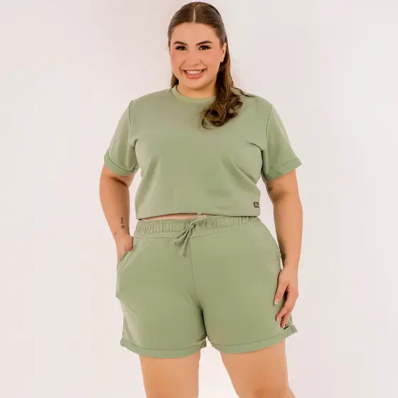 Conjunto Cropped Feminino E Shorts Curto Moletom Plus Size Dona Onda