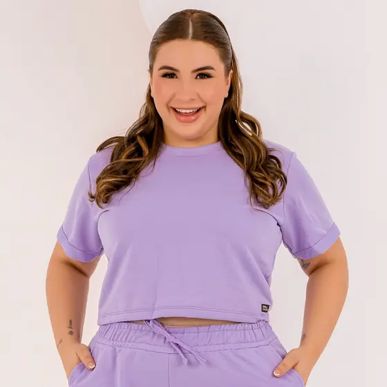 Cropped Feminino Plus Size Blusa em Moletinho Verão Manga Curta Dona Onda