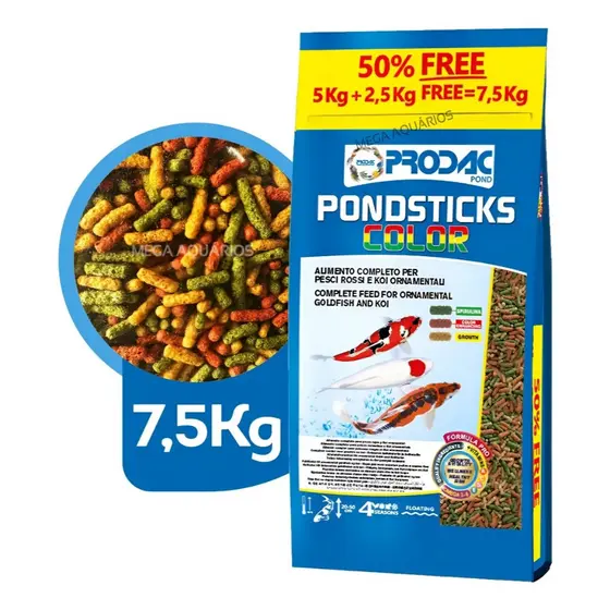 RAÇÃO PARA CARPAS E KINGUIOS PRODAC PONDSTICKS COLOR 5KG+2,5KG BONUS