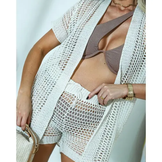 Conjunto Kimono e Short Vazado Feminino Moda Praia Verão  Rendado Polo Sul Malhas