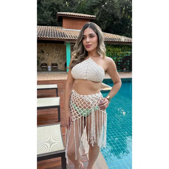 Conjunto Moda Praia Em Crochê Verão Com Franja Top Frente Única