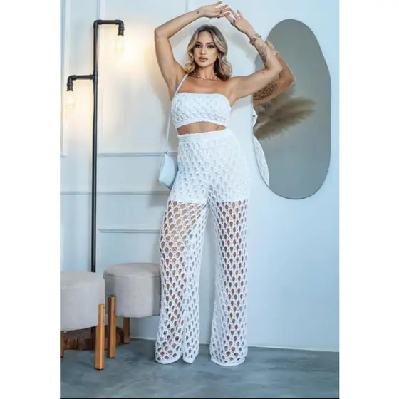 Conjunto Feminino Tricot Rendado 3 Peças Tomara Que Caia + Calça Praia Verão