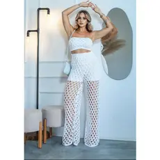 Conjunto Feminino Tricot Rendado 3 Peças Tomara Que Caia + Calça Praia Verão