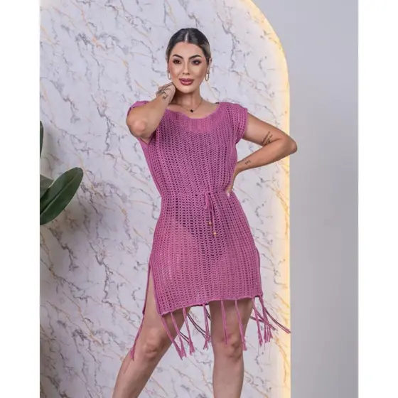 Vestido Saída De Praia Tricot Ponto Crochê Com Franja Fenda Lateral Moda Praia Piscina Verão