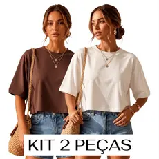 Kit 2 Cropped Oversized Feminina Tee T-shirt Camiseta Básica Viscolycra Lisa Manga Curta Algodão Academia