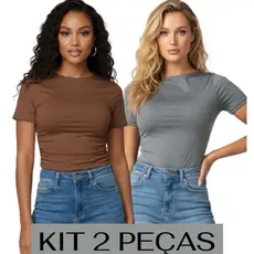 KIT 2 Baby Tee Feminina Blusa Slim Fit Manga Curta Blusa de Compressão Suplex Proteção UV Academia