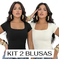 Kit 2 Baby Tee Blusinha Manga Curta Decote Quadrado Forro Duplo Malha Suplex Premium Camiseta Blusa