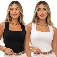 kit 2 Blusa Regata Feminina Decote Quadrado Básica Moda Elegante Blusinha Suplex Forro Academia Social