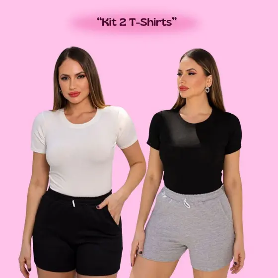 Kit 2 Blusas T shirt Feminina Visco Lycra Gola Redonda com  Ajuste Perfeito