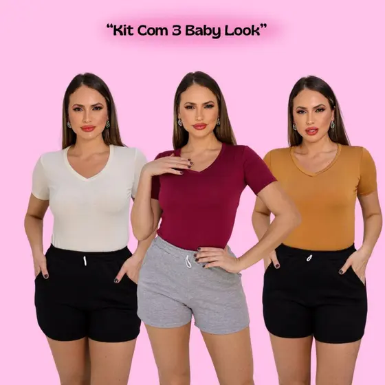 Kit 3 Blusas Feminina Baby Look Gola V Em Visco Lycra Ajuste Perfeito