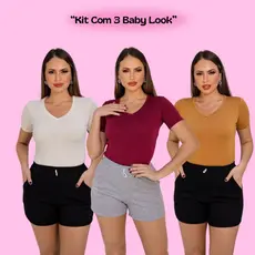 Kit 3 Blusas Feminina Baby Look Gola V Em Visco Lycra Ajuste Perfeito