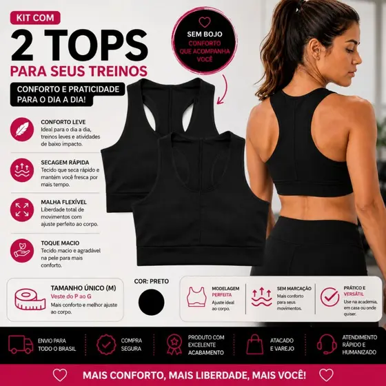 Kit 2 ou 4 Top Academia Miusa Sport nadador Top Alta Sustentação Academia Treino Fitness Feminino