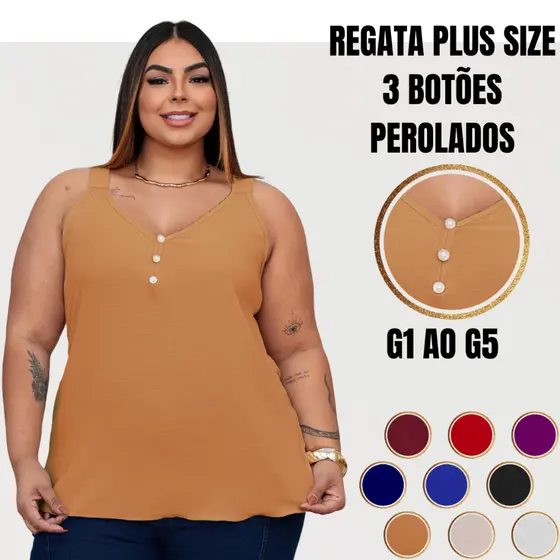 Blusa Regata Feminina Plus Size Duna com Botões Pérola GG G1 ao G3
