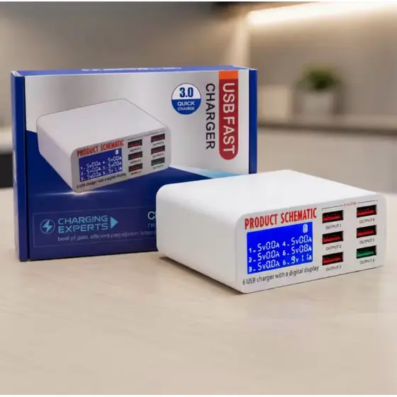 Carregador USB 6 Portas 40W com Display LED |4USB +2 Tipo C 1 Turbo 3.0 Fast Charge Bivolt para Celular, iPhone e Tablet