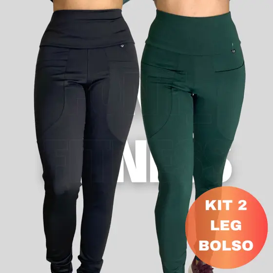 Kit 2 Calças Legging Academia Cintura Alta Legging Bolso Lisa