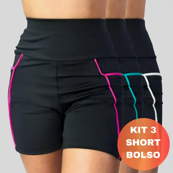 Kit 3 Shorts Com Bolso Feminino Academia Lateral Fitness Cintura Alta Cós Alto Zero Transparência