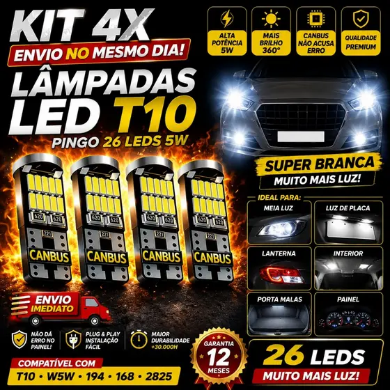 Kit 4 Lâmpadas LED T10 Pingo 26 LEDs 5W  w5w 194 168 2825  Super Branca Canbus – Lanterna, Meia Luz, Placa e Interio