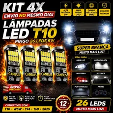 Kit 4 Lâmpadas LED T10 Pingo 26 LEDs 5W  w5w 194 168 2825  Super Branca Canbus – Lanterna, Meia Luz, Placa e Interio