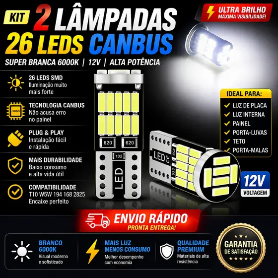 Par Lâmpadas LED T10 Pingo 26 LEDs 5W Super Branca Canbus – Lanterna, Meia Luz, Placa e Interior Automotivo