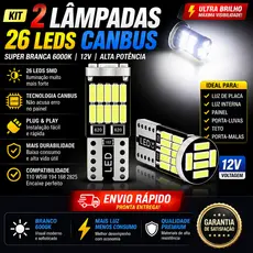 Par Lâmpadas LED T10 Pingo 26 LEDs 5W Super Branca Canbus – Lanterna, Meia Luz, Placa e Interior Automotivo