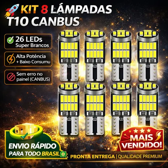 Kit 8 Lâmpadas LED T10 Pingo 26 LEDs 5W W5W 194 168 2825 Canbus – Super Branca, Sem Erro no Painel