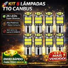 Kit 8 Lâmpadas LED T10 Pingo 26 LEDs 5W W5W 194 168 2825 Canbus – Super Branca, Sem Erro no Painel